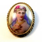 Vintage Hand Painted Portrait of a Lady Brooch Marked Limoge France