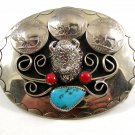 Handcrafted Cowboy Buffalo 3 Buffalo Nickels Coral Turquoise Belt Buckle USA