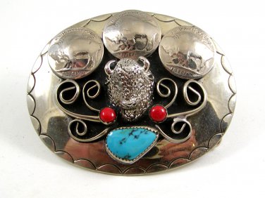 Handcrafted Cowboy Buffalo 3 Buffalo Nickels Coral Turquoise Belt Buckle USA