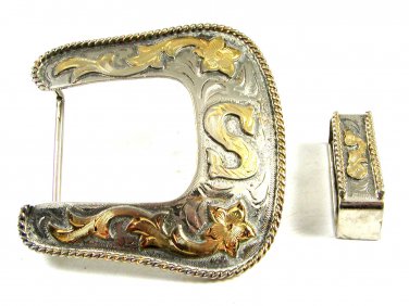 Large Western Cowboy 2 Tone Letter / Initial S Belt Buckle Marked Mexico 111214