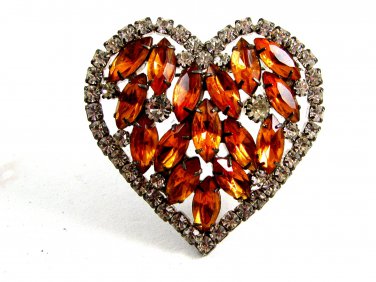 Vintage Dazzling Shiney Silvery & Amber Rhinestones Heart Brooch unmarked