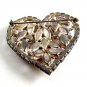 Vintage Dazzling Shiney Silvery & Amber Rhinestones Heart Brooch unmarked