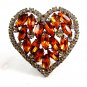 Vintage Dazzling Shiney Silvery & Amber Rhinestones Heart Brooch unmarked