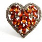 Vintage Dazzling Shiney Silvery & Amber Rhinestones Heart Brooch unmarked