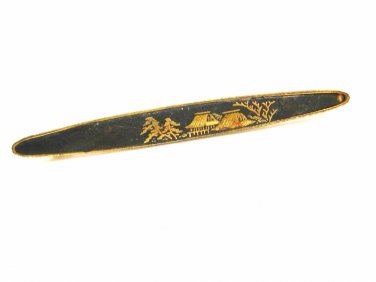 True Vintage Japanese Damascene Oval Bar Pin Brooch Signed 102914