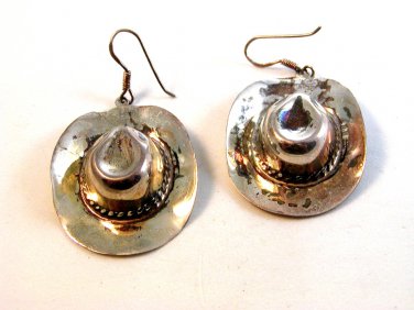Vintage Sterling Silver Cowboy Hat Dangley Pierced Earrings