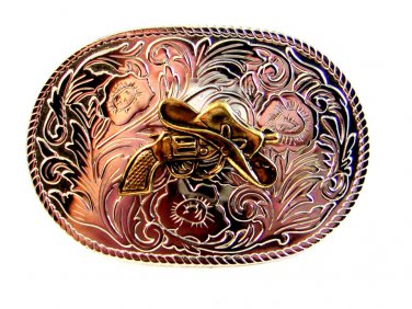 Vintage Silver Gold Tone Cowboy Hat & Pistol Western Belt Buckle