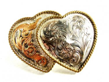 Western Sterling Plate 2 Hearts Belt Buckle by Montana Silversmiths 82814