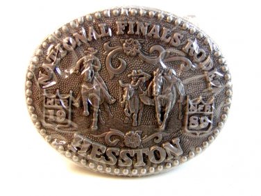Vintage 1989 Mini National Finals Rodeo Steer Roping Belt Buckle by Hesston