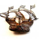 Vintage 800 Silver Spanish Galleon Enameled Cross Filigree Brooch