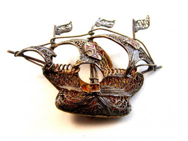 Vintage 800 Silver Spanish Galleon Enameled Cross Filigree Brooch