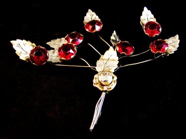 Vintage Sterling Silver & Huge Red Rhinestone Trimbler Brooch