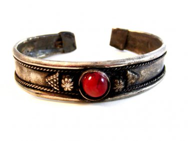 Middle Eastern North African Tribal Silver Tone & Faux Carnelian Bracelet