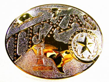 Vintage 2 Tone Texas Longhorn Map etc Belt Buckle Unbranded 62915
