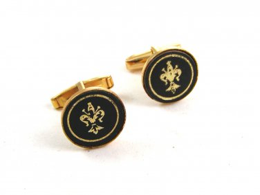 Goldtone & Black Fleur de Lis ??? Cufflinks 04212014 Unsigned
