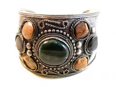 Vintage Tribal Silver Tone & Stones Bracelet
