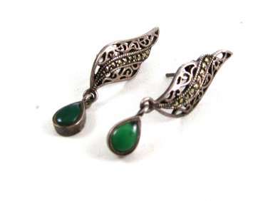 Vintage Sterling Silver & Marcasites & Jadite Dangley Pierced Earrings