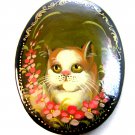 Vintage Enameled Wood Hand Painted Cat Brooch