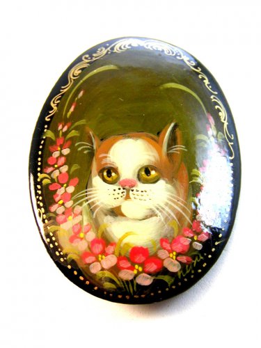 Vintage Enameled Wood Hand Painted Cat Brooch