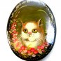 Vintage Enameled Wood Hand Painted Cat Brooch