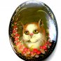 Vintage Enameled Wood Hand Painted Cat Brooch