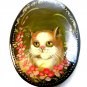 Vintage Enameled Wood Hand Painted Cat Brooch
