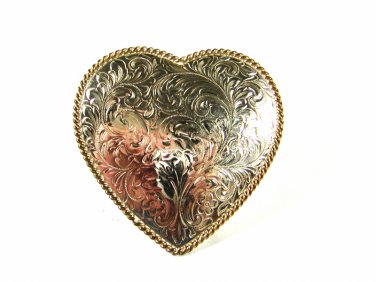 Vintage Ladies Silvertone Heart with Goldtone Trim Belt Buckle Unbranded 71215