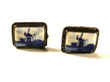 Vintage Blue Delft Windmill Holland 835 Silver Cufflinks By CW 71015
