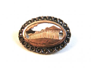 Victorian 900 Silver & Gold Tone & Marcasites Parthenon Brooch