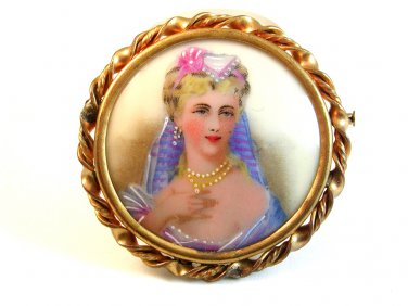 Limoges Hand Painted Porcelain Young Lady w/ Pearl Necklace & Earrings Brooch