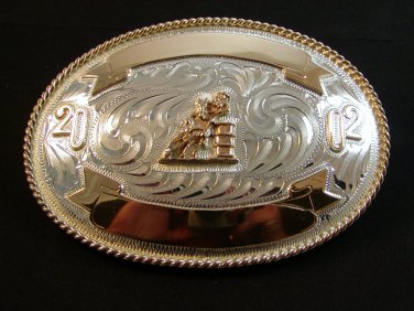 2002 Western Silver & Gold 2 Tone Rodeo Cowboy Barrel Racing Belt Buckle by Just