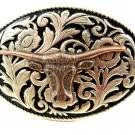 Western Silvertone Black Longhorn Belt Buckle #102113