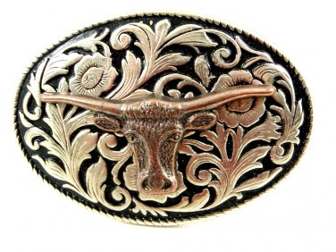 Western Silvertone Black Longhorn Belt Buckle #102113