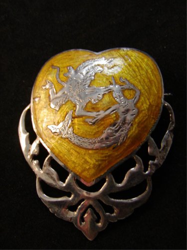 Vintage Siam Sterling Yellow Niello Enamel Mermaid In Heart Brooch