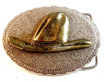 Vintage Silver Tone Old Time Cowboy Hat Belt Buckle