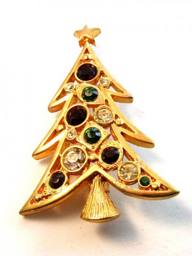 Vintage Gold Tone & Multi Rhinestone Christmas Tree Brooch by Lia