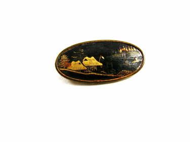 True Vintage Oval Japanese Damascene Brooch Signed 102914