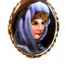 Vintage Hand Painted Porcelain Lady in Blue w/ Blue Eyes Brooch