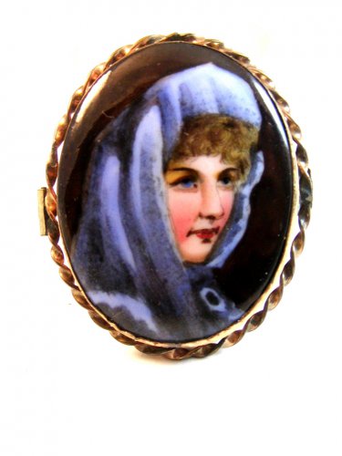 Vintage Hand Painted Porcelain Lady in Blue w/ Blue Eyes Brooch
