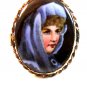 Vintage Hand Painted Porcelain Lady in Blue w/ Blue Eyes Brooch