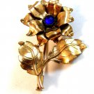 Vintage Gold Tone & Blue Stone Flower Brooch