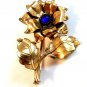Vintage Gold Tone & Blue Stone Flower Brooch