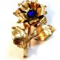 Vintage Gold Tone & Blue Stone Flower Brooch
