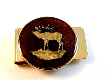 New Old Stock Gold Tone Moose & Brown Money Clip
