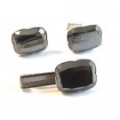 Vintage Silver Tone & Hematite Cufflinks  & Tie Clasp