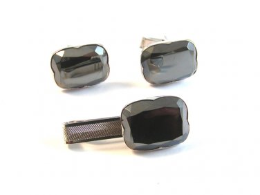 Vintage Silver Tone & Hematite Cufflinks  & Tie Clasp