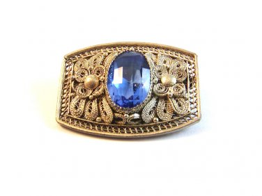 Vintage Silver Filigree & Blue Glass ? Brooch