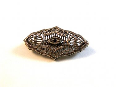 Vintage Edwardian Silver Tone & Red Stone Filigree Brooch