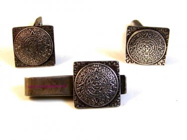 Vintage Mexican Sterling Silver Aztec Calender Cufflinks & Tie Clasp by Los Cast