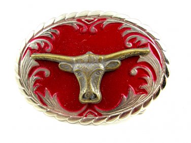 Western Cowboy Silvertone & Red Long Horn Belt Buckle #102113